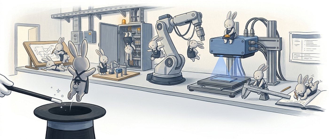 Illustration: a magician's wand points at a top hat while rabbits run a lab bench: a drafting table, a control cabinet, a robot arm, a 3D scanner and a measurement bench.