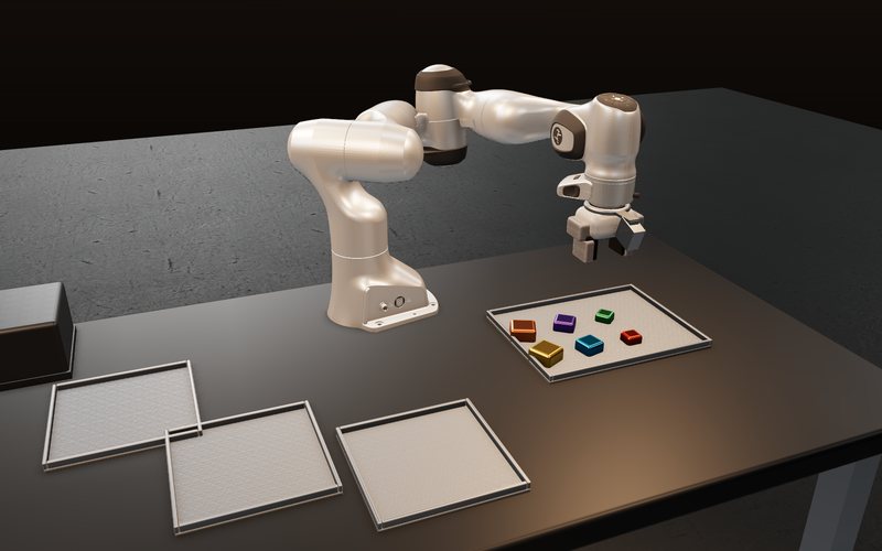 Simulator render: a 7-axis arm over a tray of coloured blocks, with three empty sorting bays on the desk.