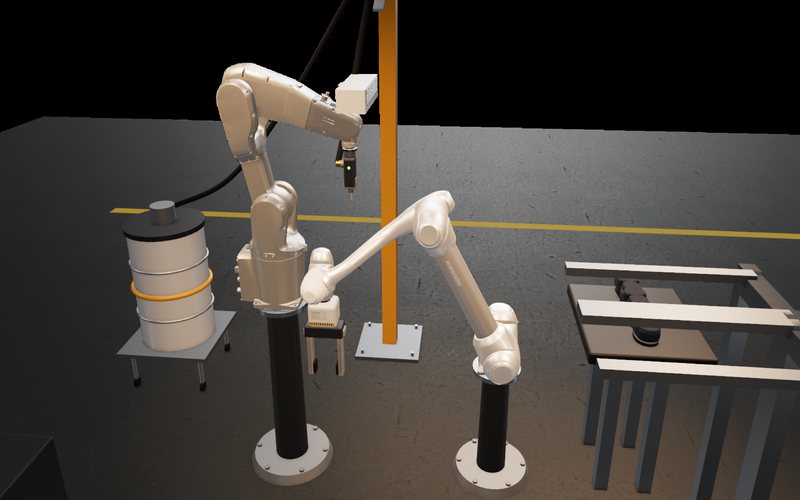 Simulator render: two arms on pedestals meet at one point, one holding the work and one carrying an adhesive gun, with an outfeed rack behind.